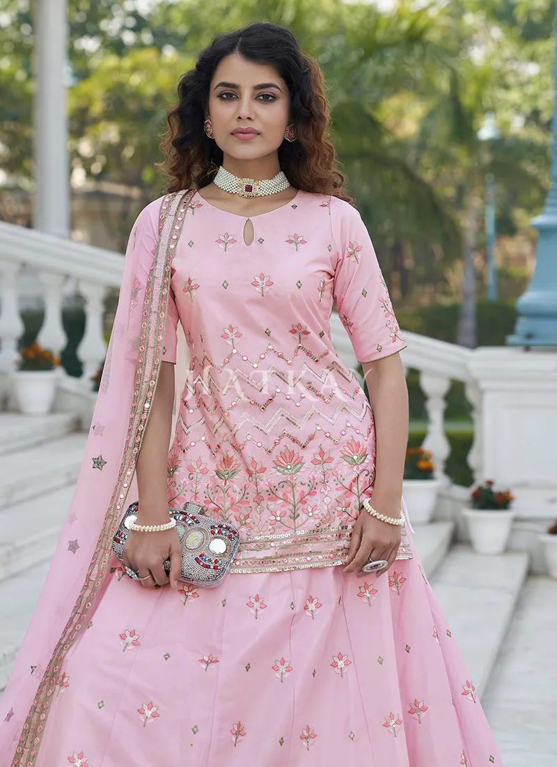 Light Pink Multi Embroidered Wedding Lehenga Kurti