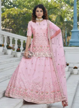 Light Pink Multi Embroidered Wedding Lehenga Kurti