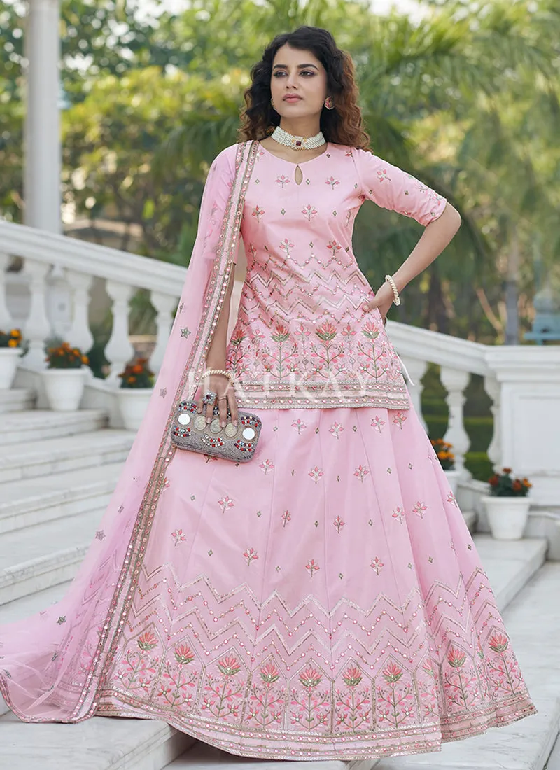 Light Pink Multi Embroidered Wedding Lehenga Kurti