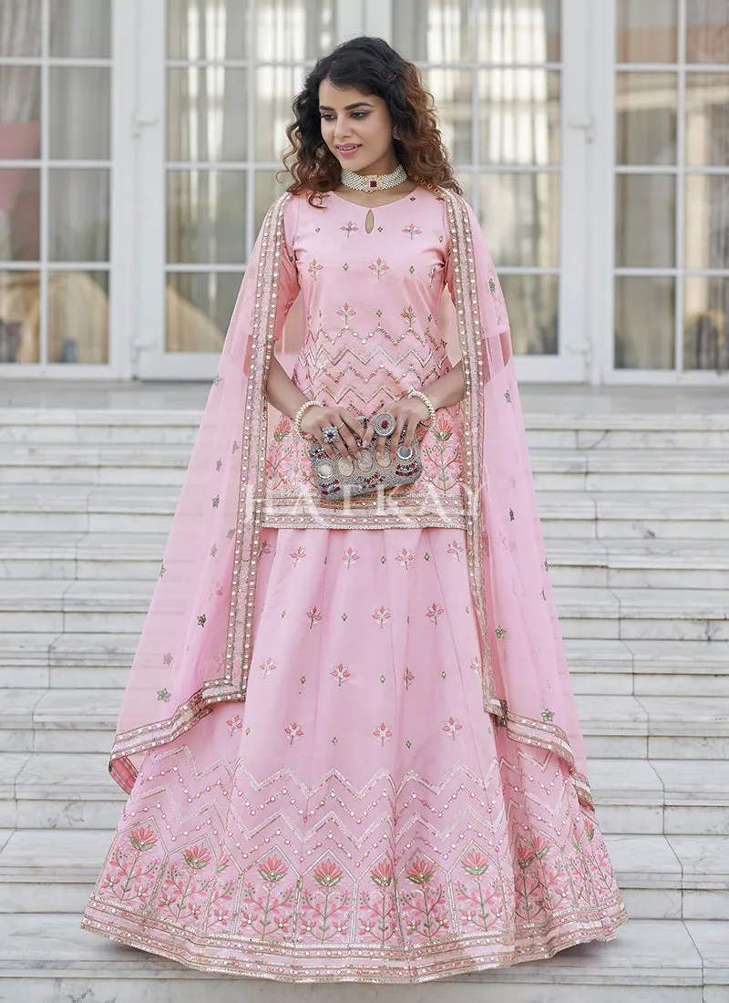 Light Pink Multi Embroidered Wedding Lehenga Kurti