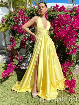 Light Yellow Plunging Criss Cross A-line Evening Gown Long Evening Party Prom Dresses with Slit ,WGP1258