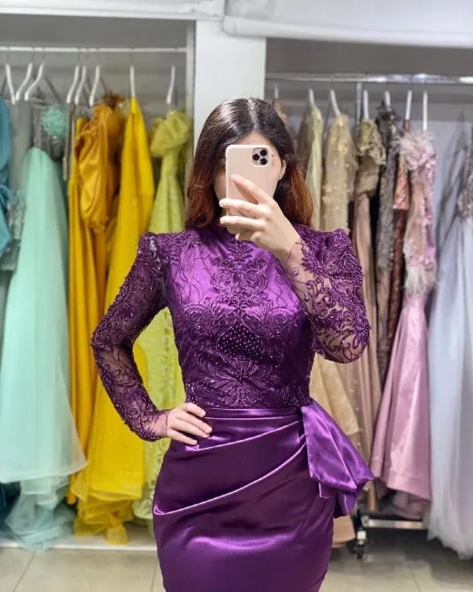 Long Sleeves Purple Mermaid Evening Gown with Lace Appliques