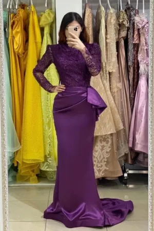 Long Sleeves Purple Mermaid Evening Gown with Lace Appliques