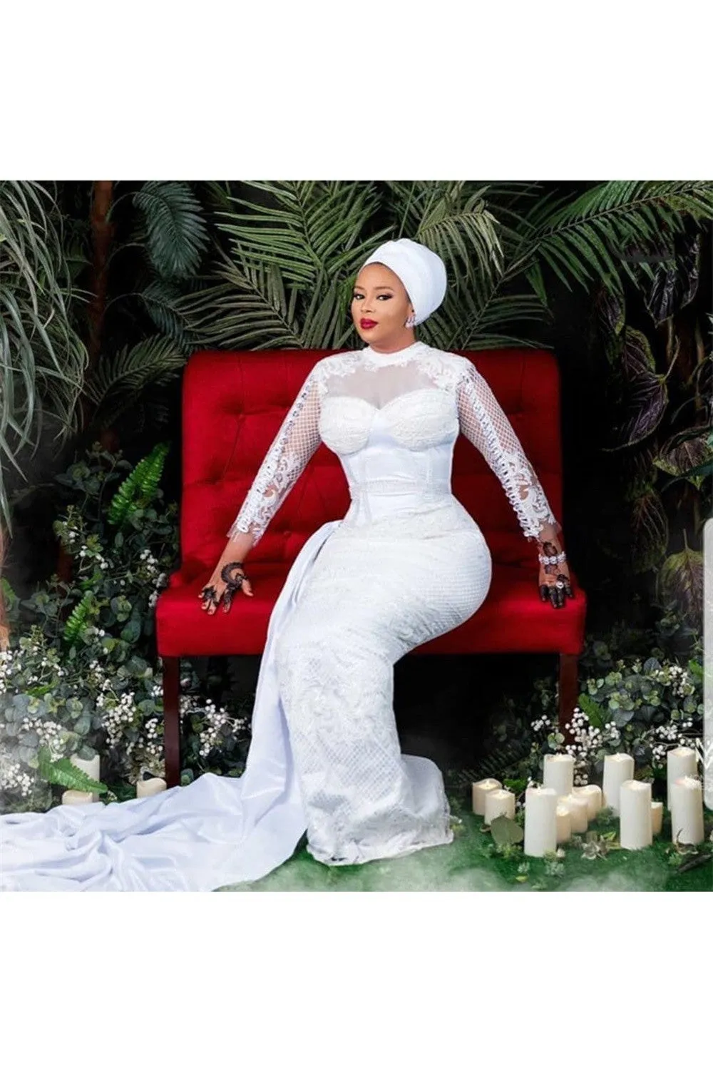 Long Sleeves White Lace Tulle Wedding Gown