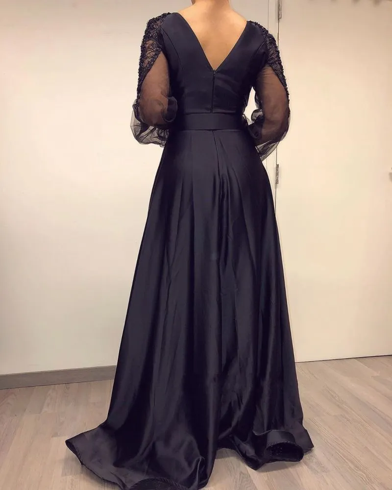 Long Sleevess Black V-neck High Split Bishop sleeves Evening Dresses
