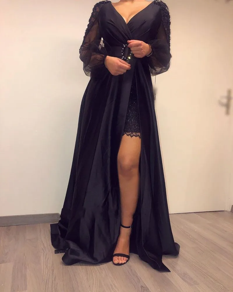 Long Sleevess Black V-neck High Split Bishop sleeves Evening Dresses