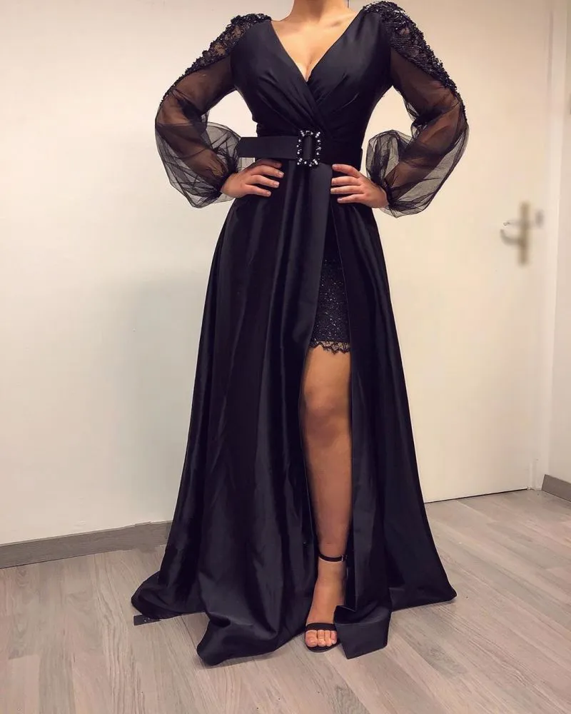 Long Sleevess Black V-neck High Split Bishop sleeves Evening Dresses