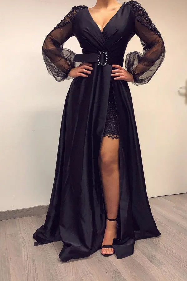 Long Sleevess Black V-neck High Split Bishop sleeves Evening Dresses