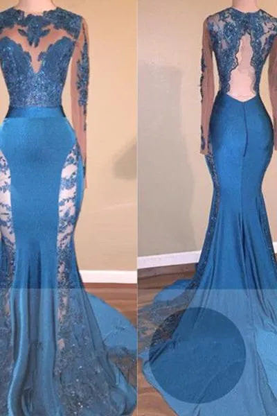 Long Sleevess Lace Appliques Open Back Brush Train Mermaid Prom Gowns