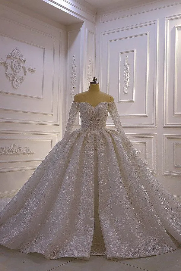 Luxurious Ball Gown Long Sleevess 3D Lace Sweetheart Long Wedding Dresses
