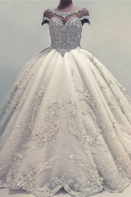 Luxurious Ball Gown Wedding Dresses Shiny Crystals Bridal Gowns with Flowers