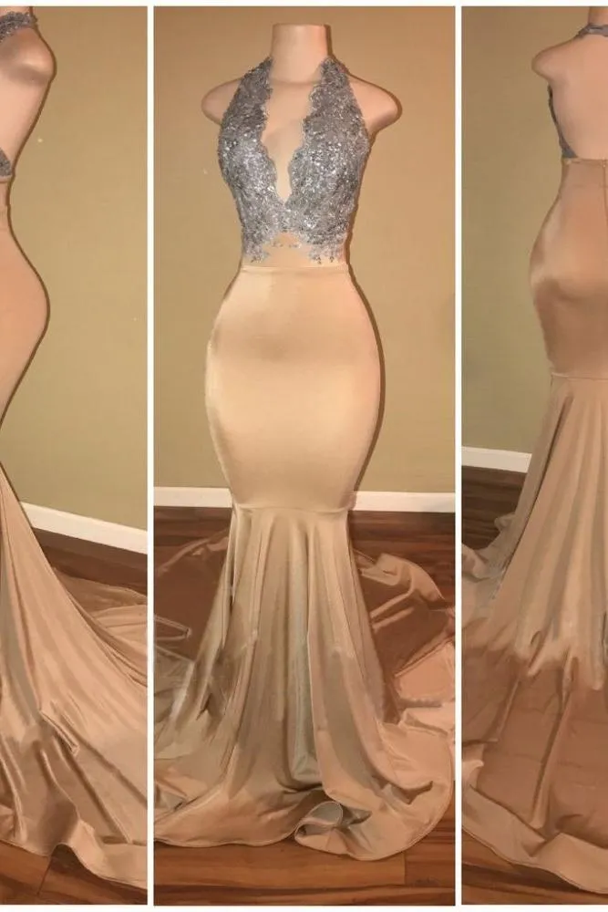 Luxurious Halter Sleeveless Lace Applique Mermaid Prom Dresses
