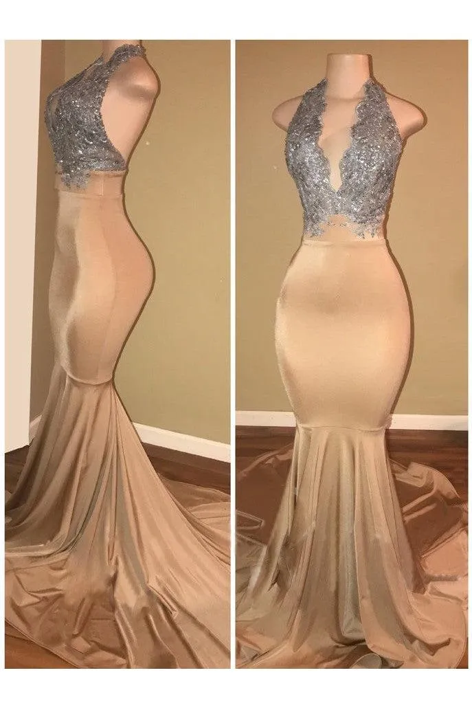 Luxurious Halter Sleeveless Lace Applique Mermaid Prom Dresses
