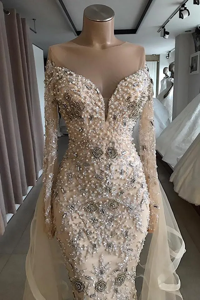 Luxurious Long Sleeves off-the-shoulder Prom Party Gowns with fully-covered beads