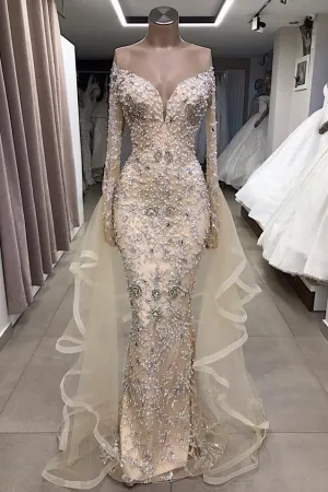 Luxurious Long Sleeves off-the-shoulder Prom Party Gowns with fully-covered beads