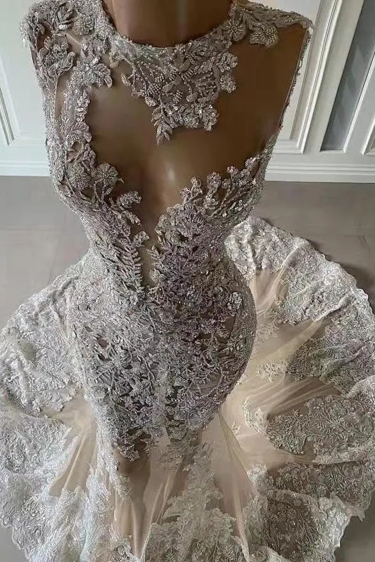 Luxurious Mermaid Lace Appliques Wedding Dress Sheer Skirt