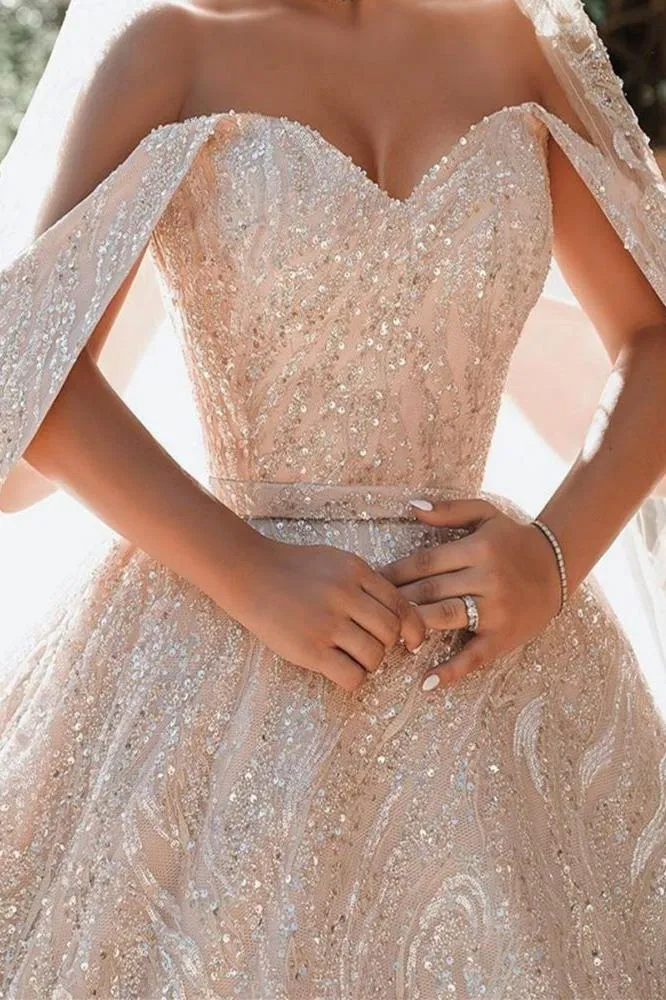 Luxurious Off the Shoulder Sequins Ball Gowns for Women A line Satin Bridal Gowns