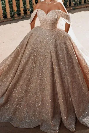 Luxurious Off the Shoulder Sequins Ball Gowns for Women A line Satin Bridal Gowns