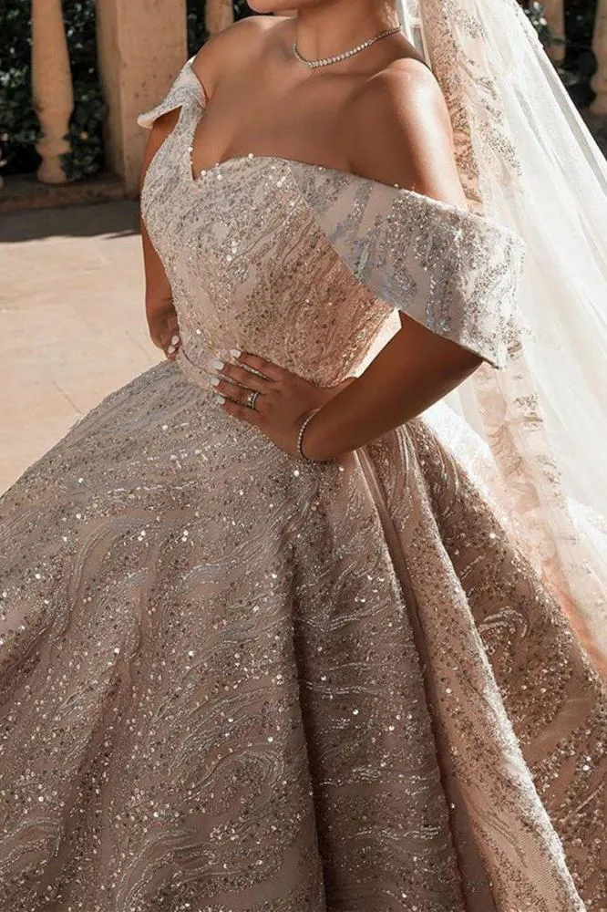 Luxurious Off the Shoulder Sequins Ball Gowns for Women A line Satin Bridal Gowns
