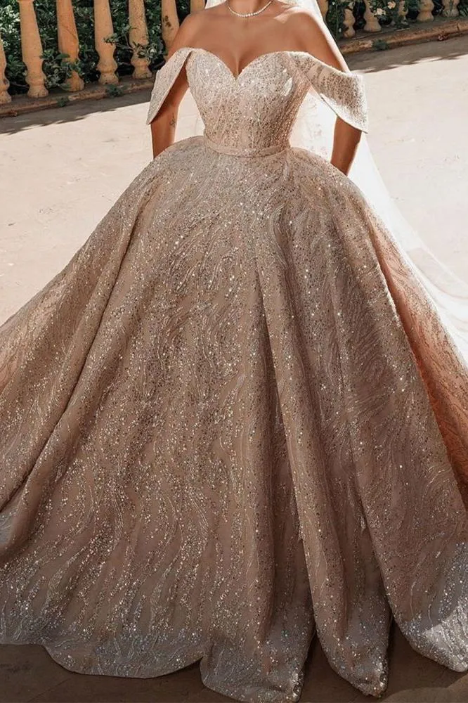 Luxurious Off the Shoulder Sequins Ball Gowns for Women A line Satin Bridal Gowns