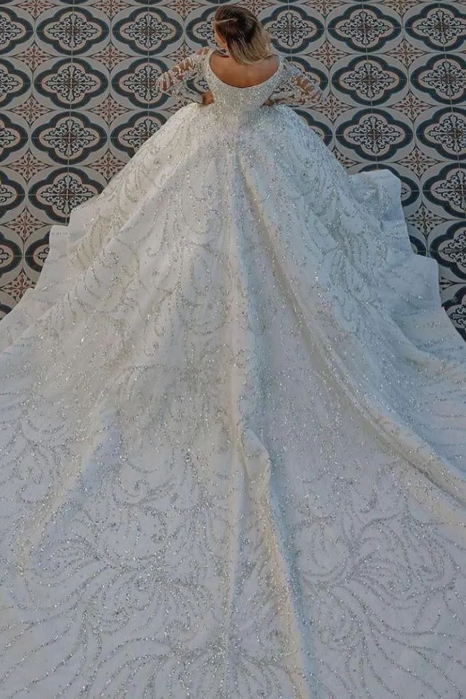 Luxurious Princess Ball Gown Long Sleevess Sparkly sequins Bridal Gowns with Sweep Train