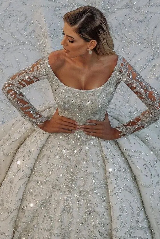 Luxurious Princess Ball Gown Long Sleevess Sparkly sequins Bridal Gowns with Sweep Train