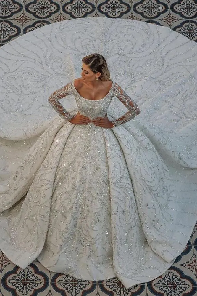 Luxurious Princess Ball Gown Long Sleevess Sparkly sequins Bridal Gowns with Sweep Train