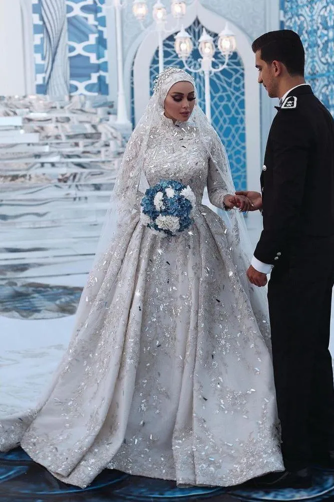 Luxurious Sequins Bridal Gown Aline Long Sleeves Highneck Sweep Train