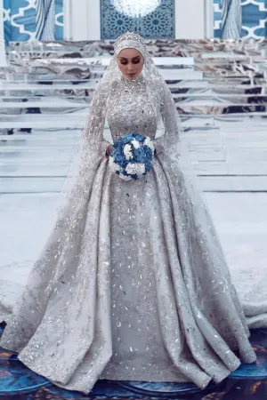 Luxurious Sequins Bridal Gown Aline Long Sleeves Highneck Sweep Train
