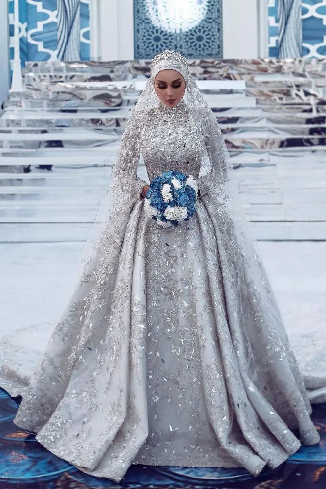 Luxurious Sequins Bridal Gown Aline Long Sleeves Highneck Sweep Train