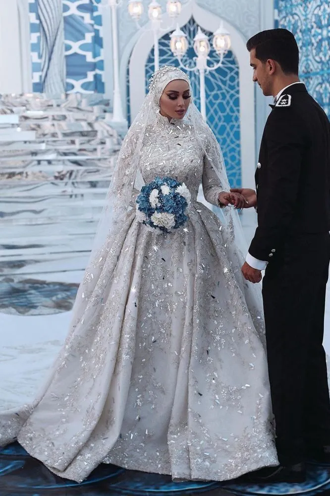 Luxurious Sequins Bridal Gown Aline Long Sleeves Highneck Sweep Train