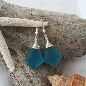 Made in Hawaii, Wire wrapped  blue sea glass earrings, gift wrapped, beach jewelry