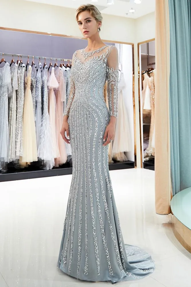MARLENE Mermaid Sequined Pattern Long Sleevess Evening Dresses