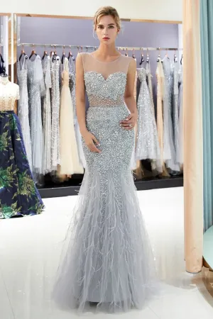 MEG Mermaid Sleeveless Illusion Neckline Crystal Sqeuined Tulle Evening Dresses