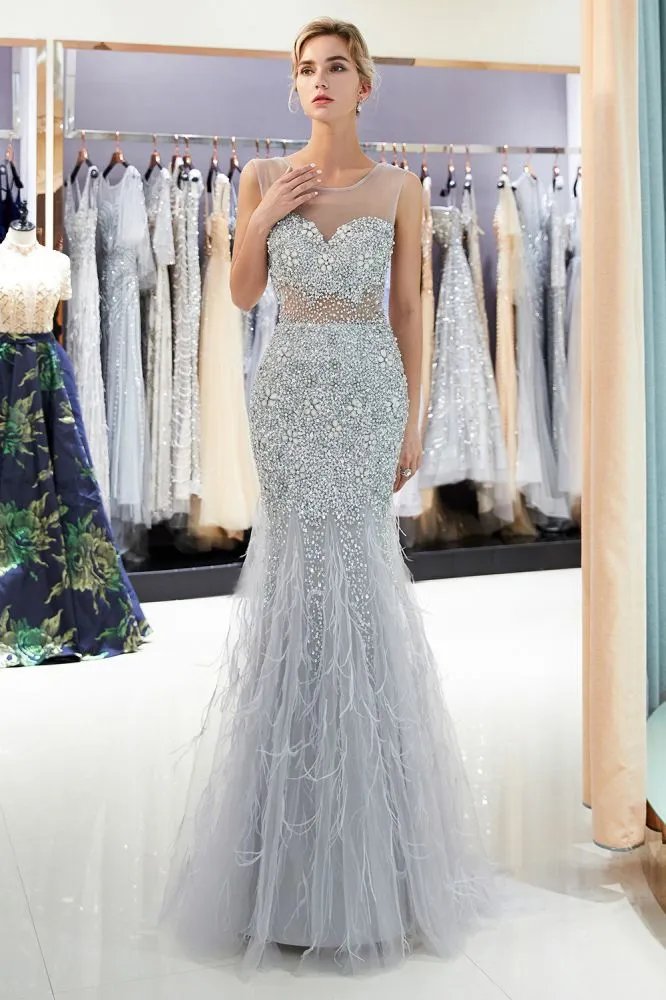 MEG Mermaid Sleeveless Illusion Neckline Crystal Sqeuined Tulle Evening Dresses