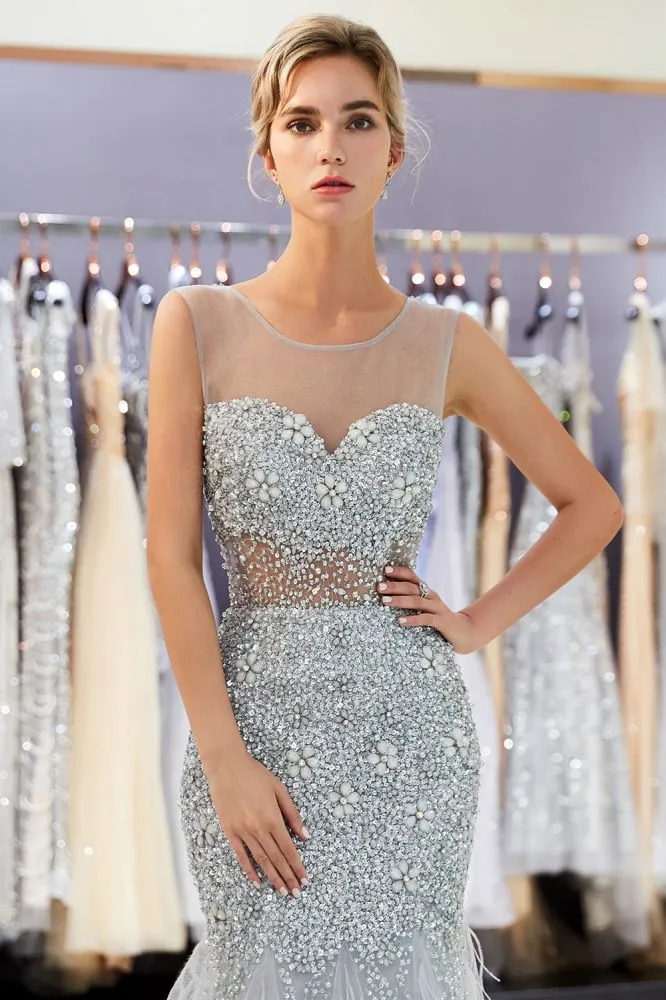 MEG Mermaid Sleeveless Illusion Neckline Crystal Sqeuined Tulle Evening Dresses