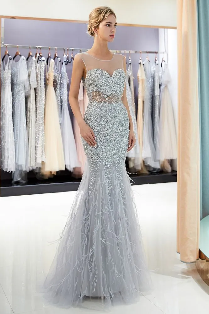 MEG Mermaid Sleeveless Illusion Neckline Crystal Sqeuined Tulle Evening Dresses