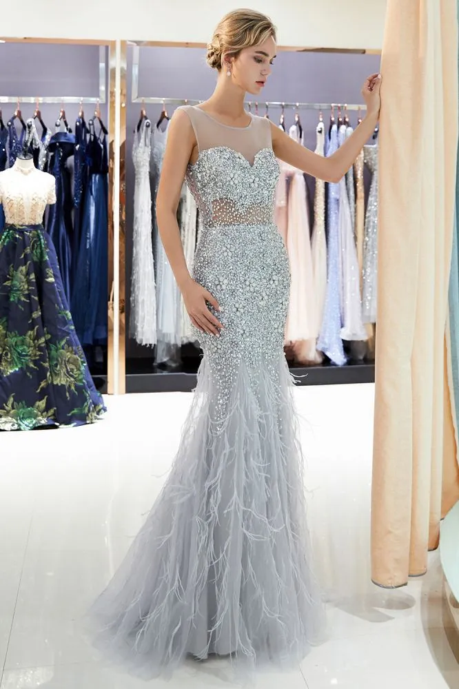 MEG Mermaid Sleeveless Illusion Neckline Crystal Sqeuined Tulle Evening Dresses