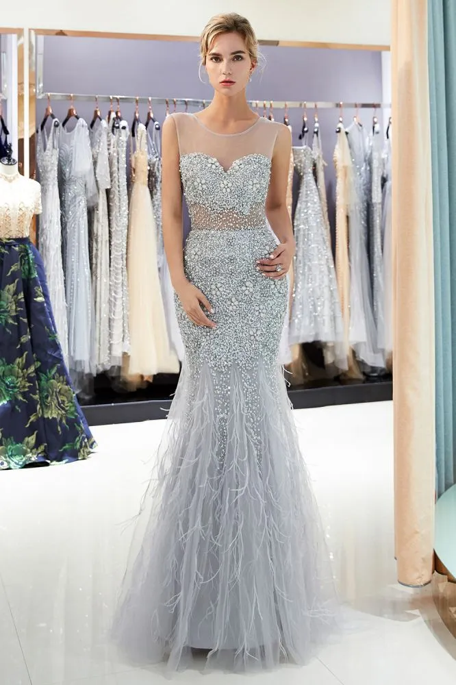 MEG Mermaid Sleeveless Illusion Neckline Crystal Sqeuined Tulle Evening Dresses