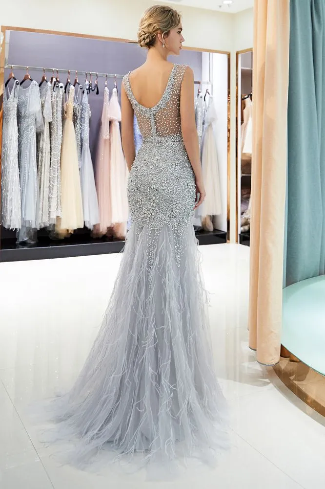 MEG Mermaid Sleeveless Illusion Neckline Crystal Sqeuined Tulle Evening Dresses