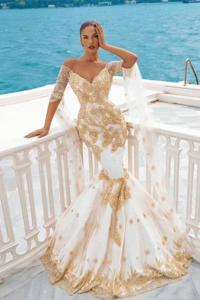 Mermaid Bridal Gowns Gold Appliques Half Sleeve Cape