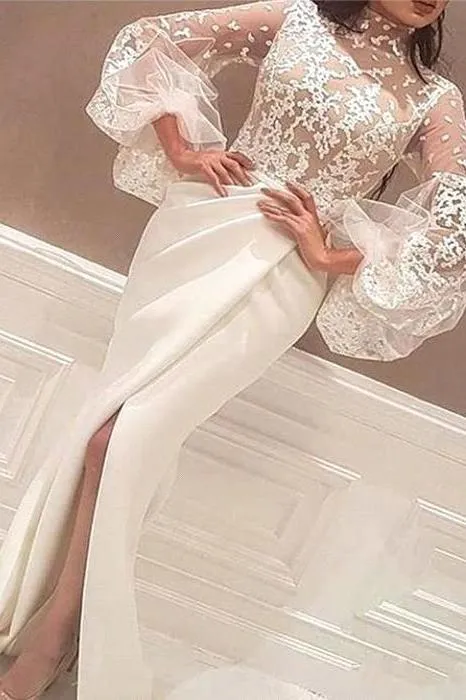 Mermaid High Neck Lace Wedding Dress Satin Long Sleeves Evening Party Dress