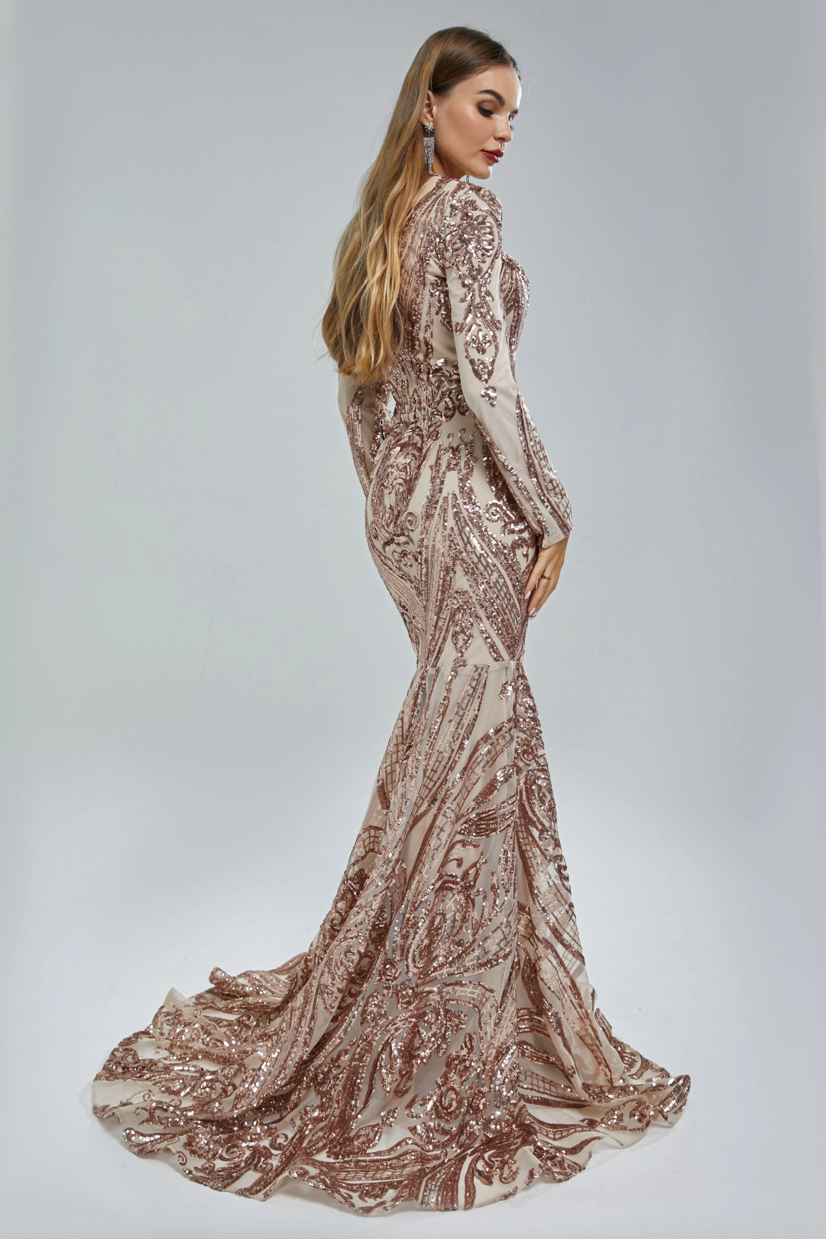 Mermaid V-neck Lace Sequined Floor-length Long Sleeve Elegant Prom Dress
