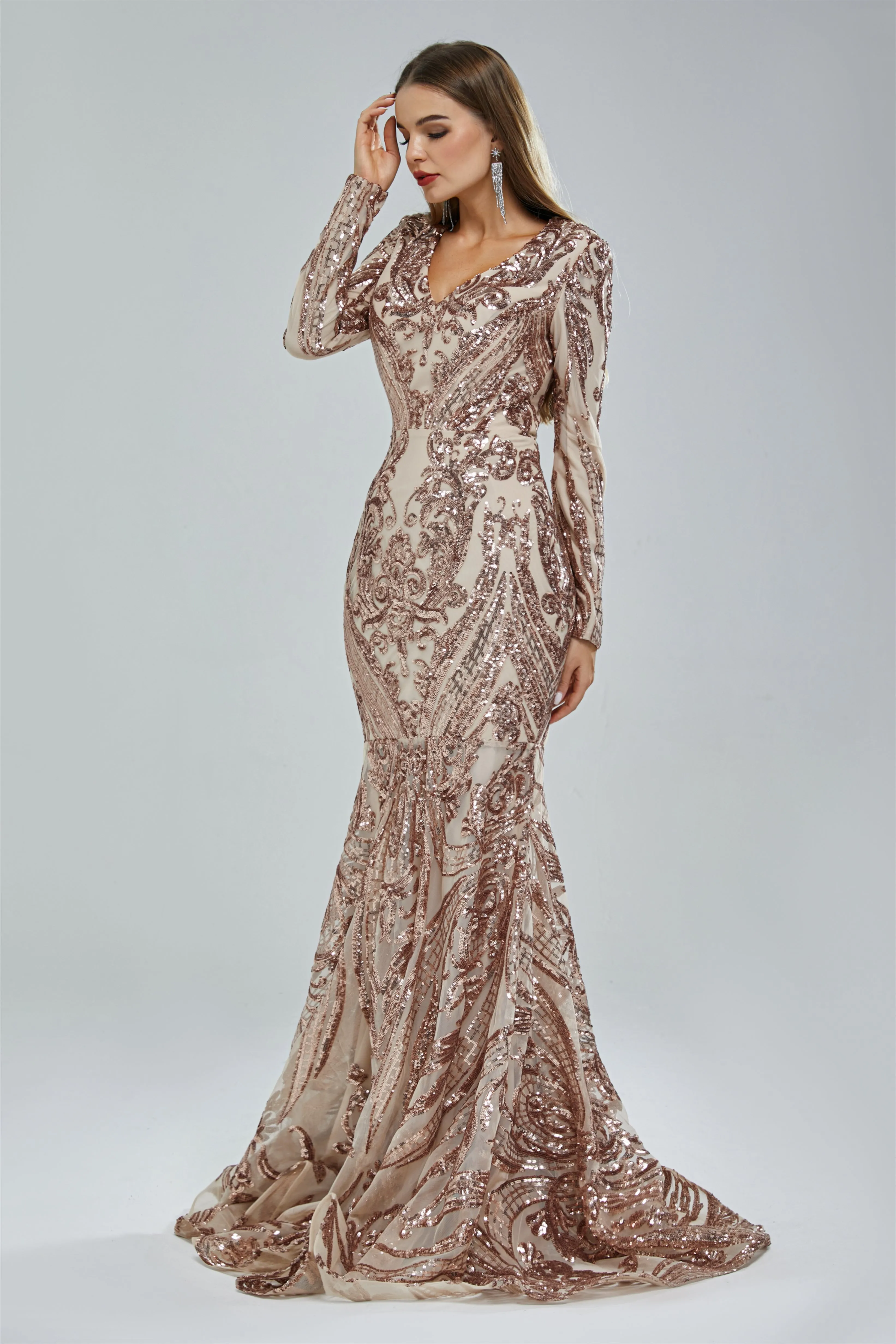 Mermaid V-neck Lace Sequined Floor-length Long Sleeve Elegant Prom Dress