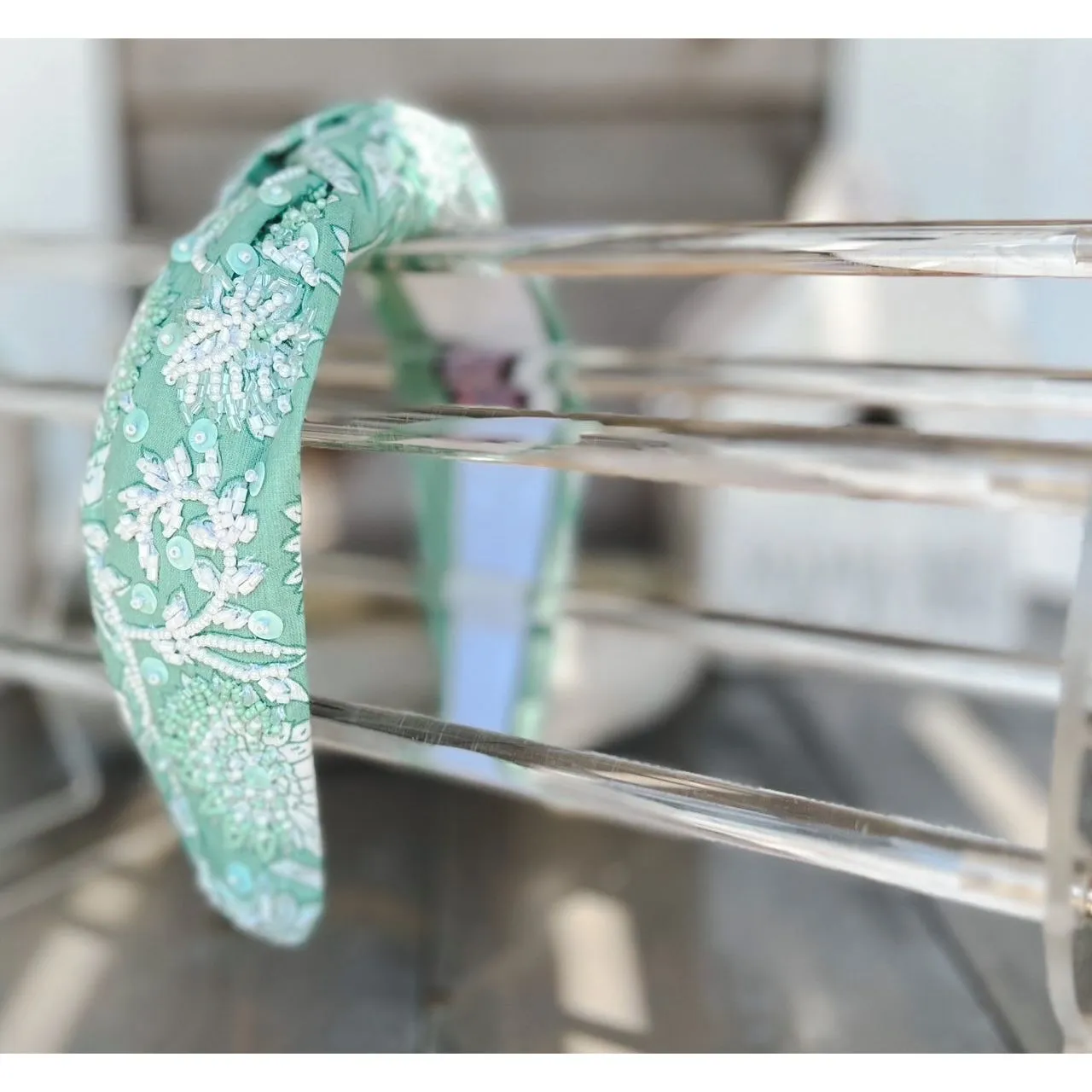 Mint Toile Top Knot Seed Beaded Headband
