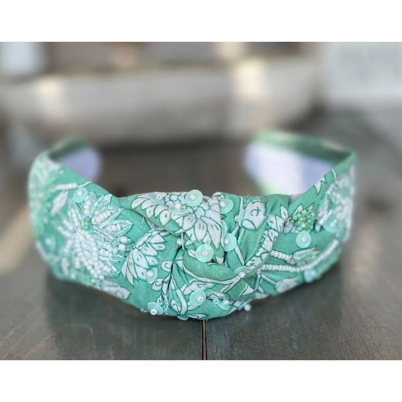 Mint Toile Top Knot Seed Beaded Headband