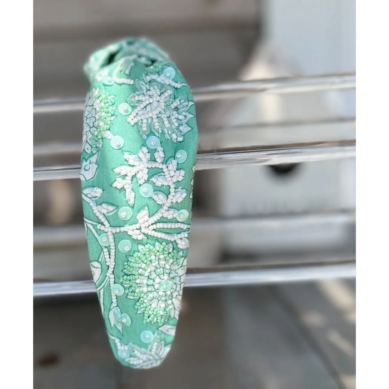Mint Toile Top Knot Seed Beaded Headband