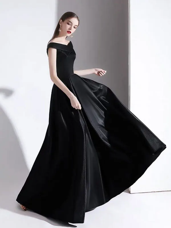 Modern Evening Dress A Line Bateau Neck Satin Fabric Floor Length Formal Party Dresses