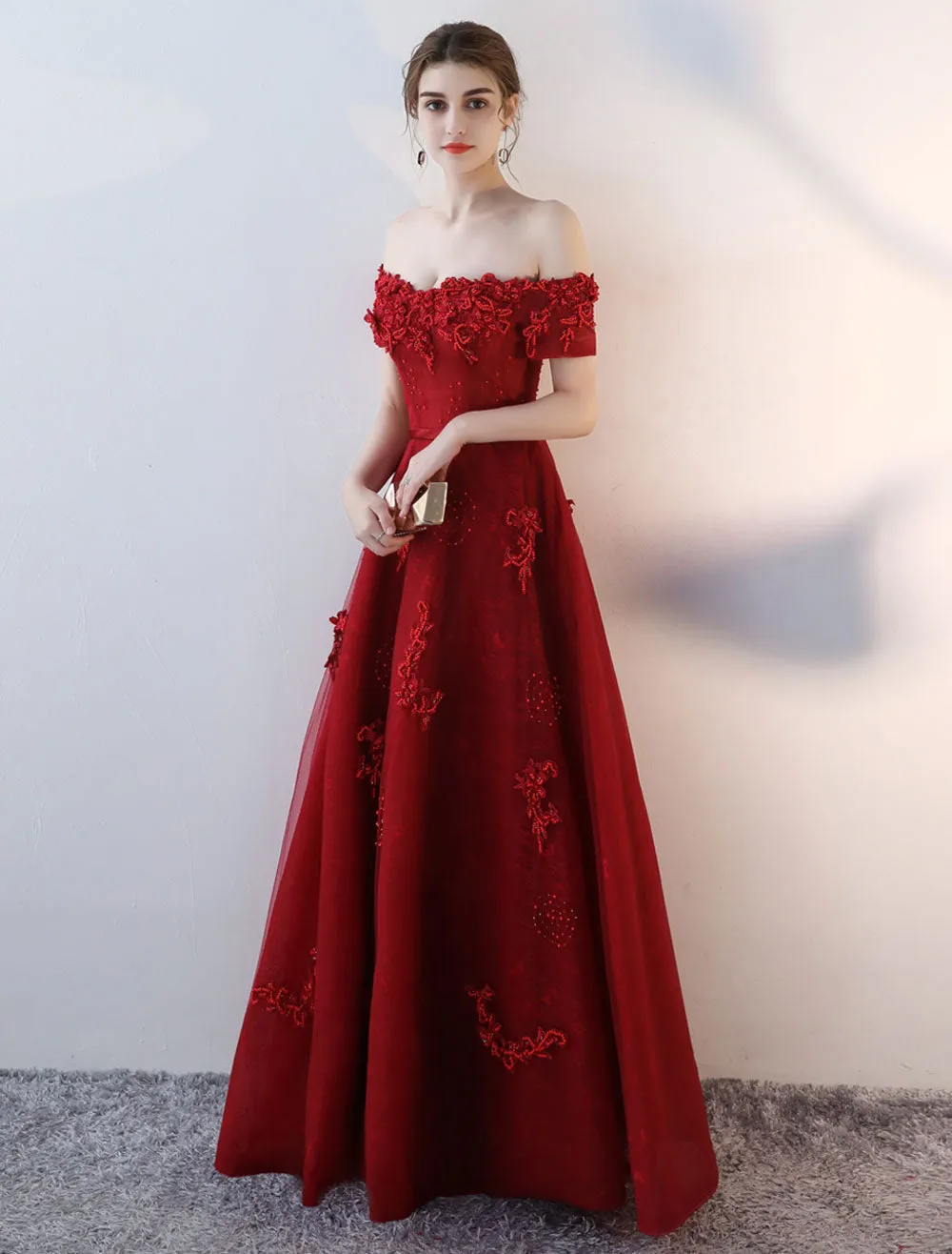 Modern Evening Dresses Long Burgundy Off The Shoulder evening dress Lace Applique Heavy Beading Sash Floor Length Formal Evening Dress
