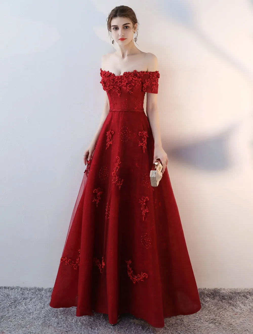 Modern Evening Dresses Long Burgundy Off The Shoulder evening dress Lace Applique Heavy Beading Sash Floor Length Formal Evening Dress